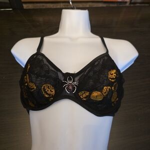 ROMWE Black and Orange Pumpkin Lace Bra with Spider Detail Size Large
